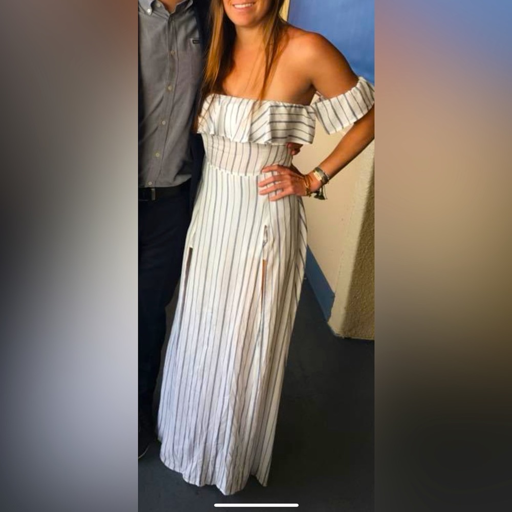 Skylar and Madison maxi dress with shorts insert. High slit, off the shoulder